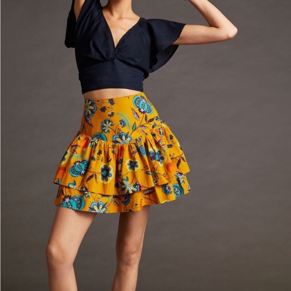 Maeve Anthropologie A-Line Tiered Floral Orange Golden Mini Skirt